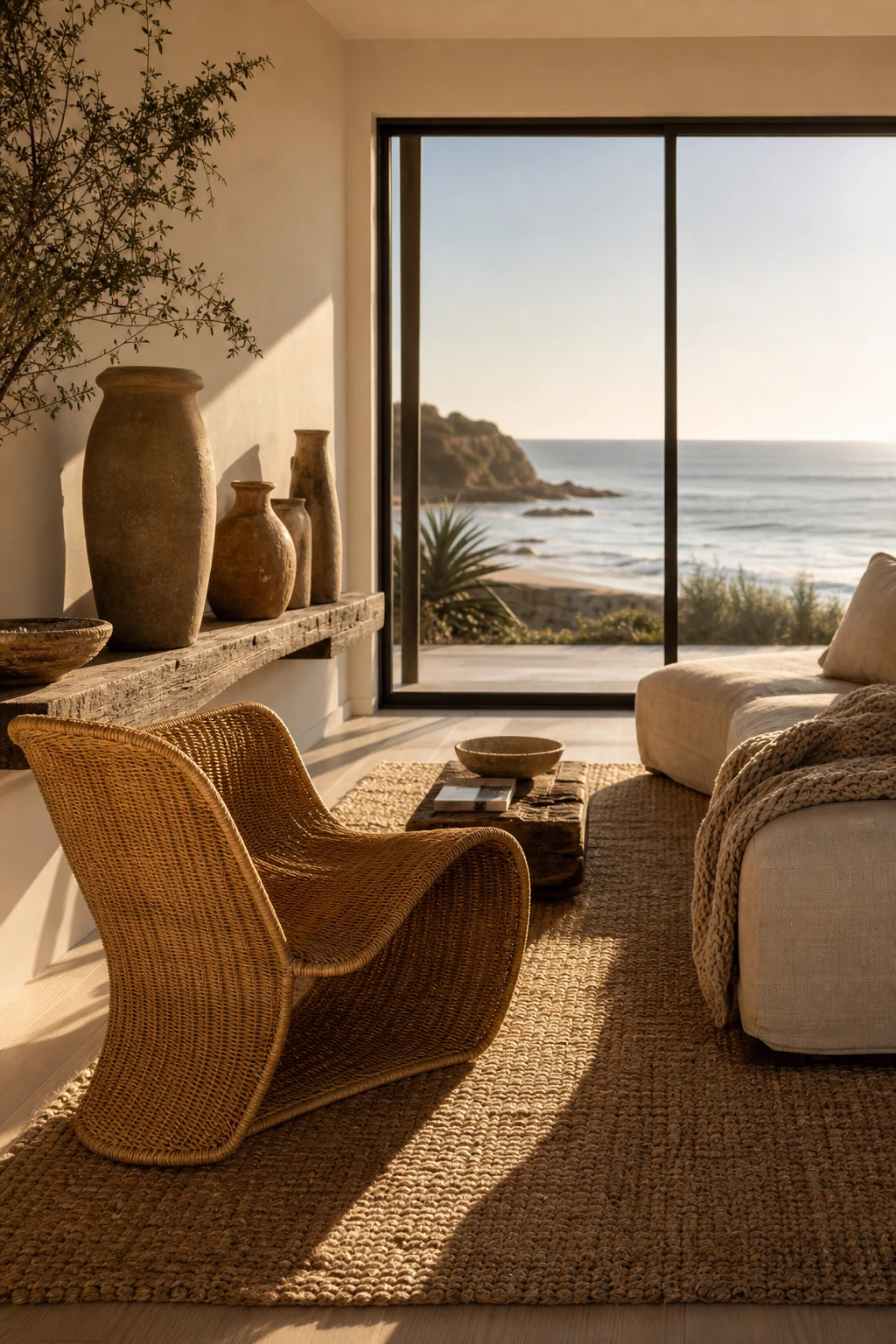 California Coastal interior with organic textures hero, rattan chair, jute rug, raw clay vessels, driftwood shelf, and Farrow & Ball Clunch walls in warm afternoon light
