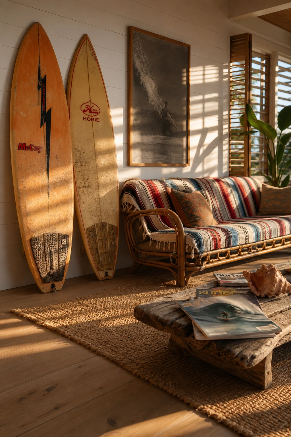 California Coastal interior with playful surf spirit, vintage surfboards, rattan furniture, woven jute rug, and Farrow & Ball Strong White walls in warm afternoon light