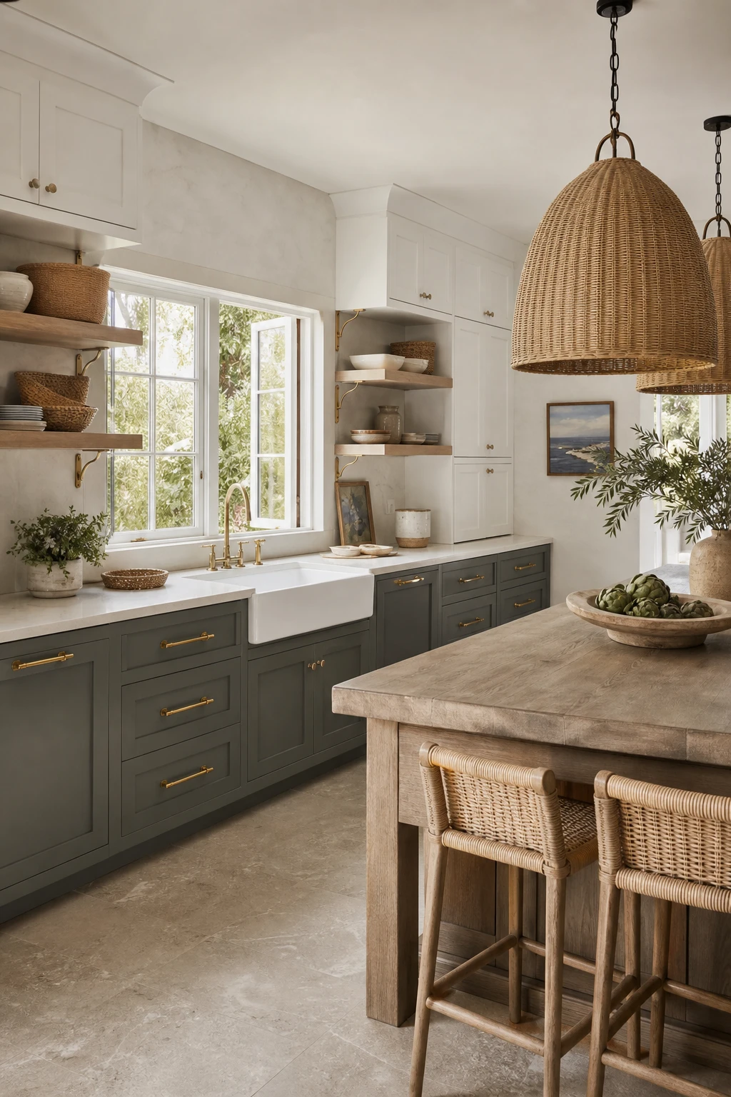 California Coastal kitchen with two tone cabinets, dark lower cabinets in deep blue and white upper cabinets, natural wood open shelving, rattan pendants, and stone countertops
