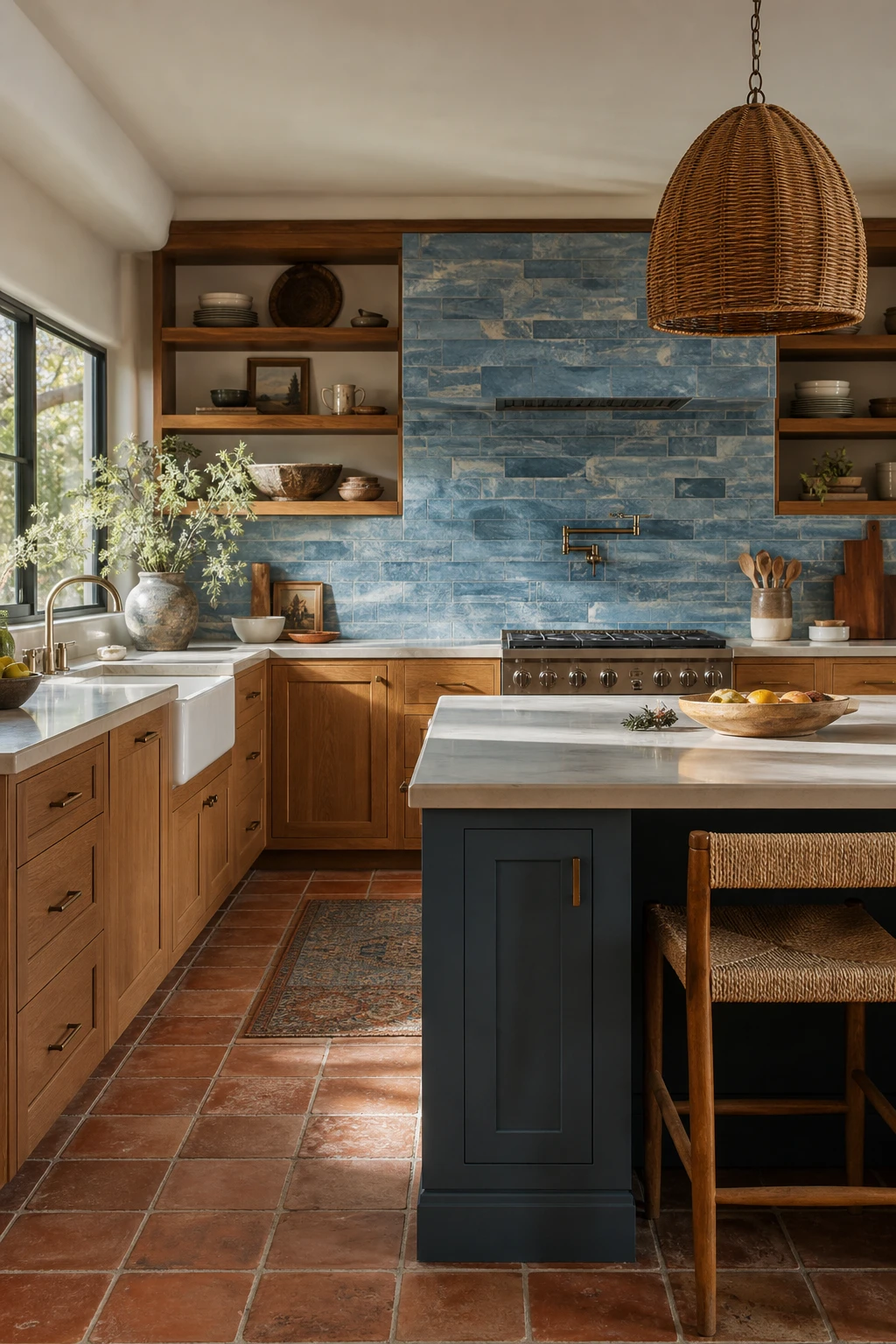 California coastal kitchen with warm wood cabinets, blue tile backsplash, open shelving, and natural light from a wide window over the sink