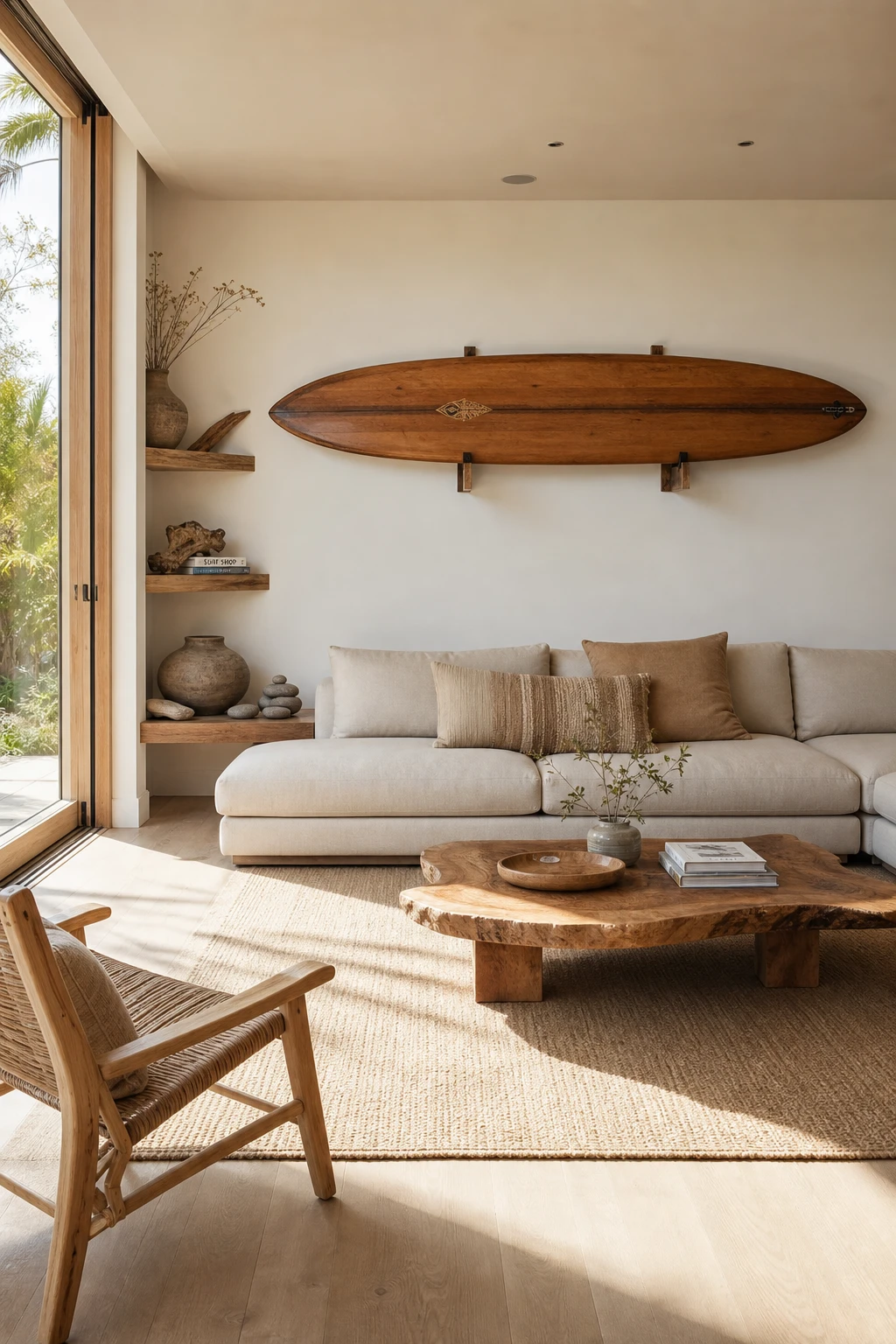 California Coastal living room with a vintage longboard surfboard mounted horizontally as statement wall art above a linen sofa, natural light, House White walls