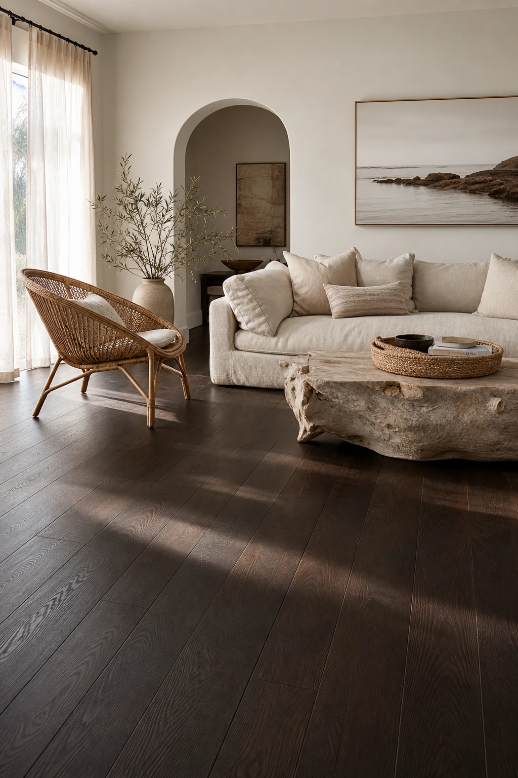 California coastal living room with dark wood floors contrasting pale furniture and Farrow and Ball Cabbage White walls, soft natural light