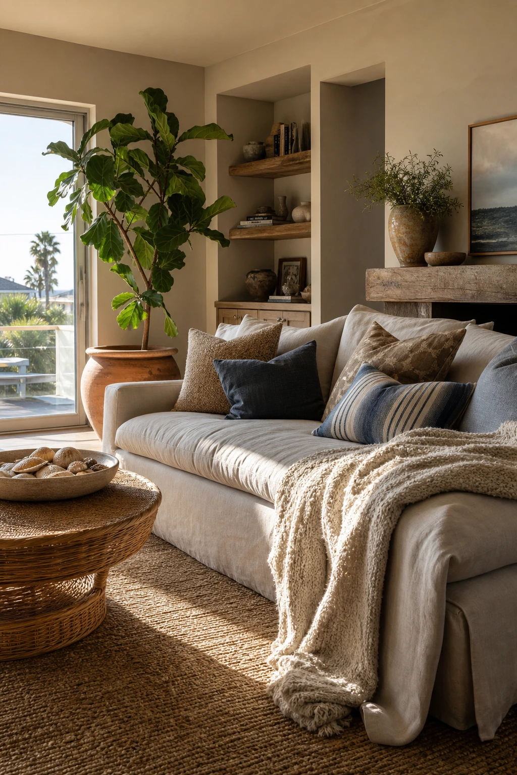 California Coastal living room with laid back layers of linen, rattan and warm neutrals painted in Farrow & Ball Skimming Stone