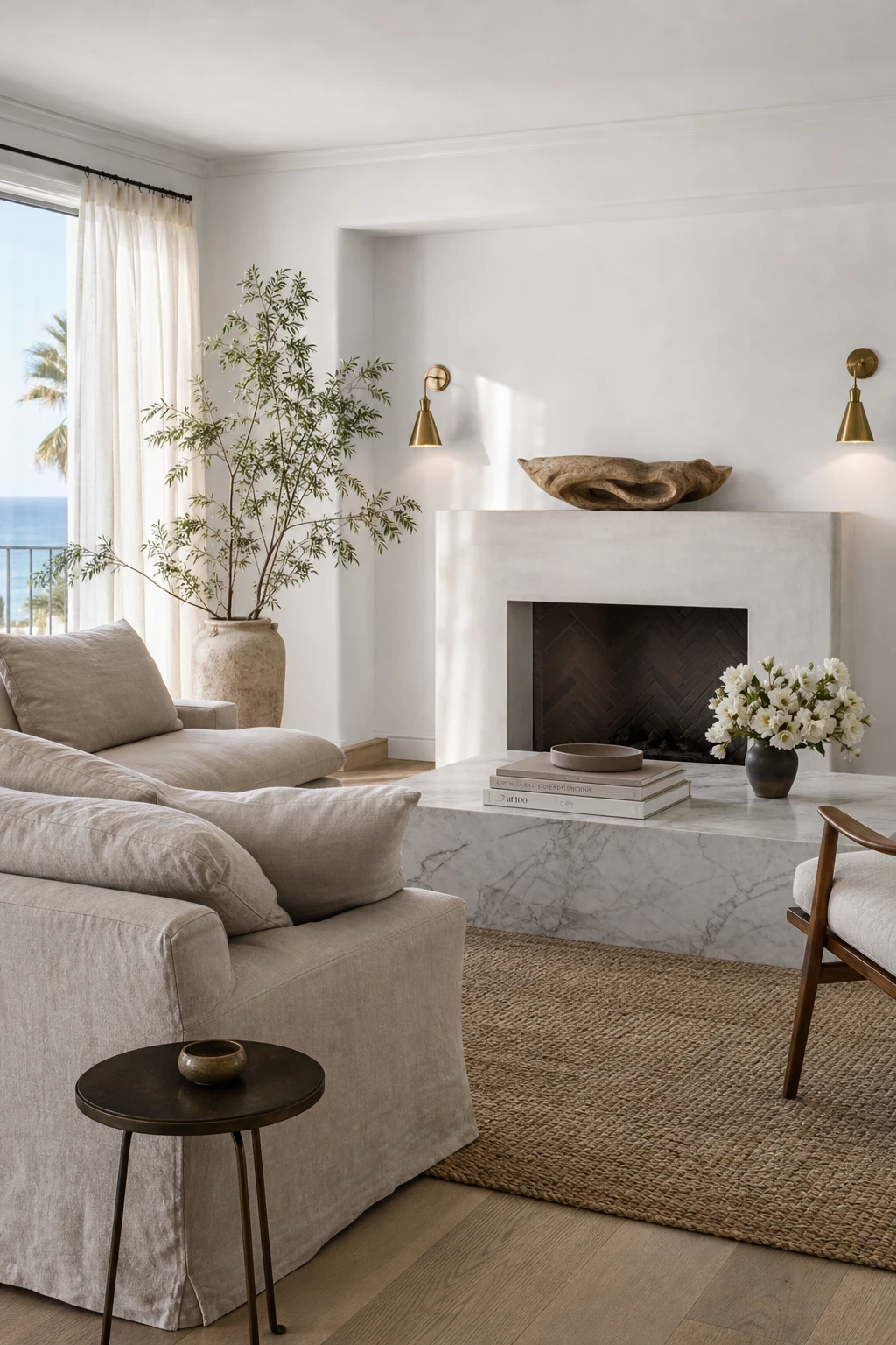 California Coastal living room with marble coffee table, aged brass fixtures, soft linen sofa, and Farrow & Ball All White walls bathed in late afternoon Pacific light