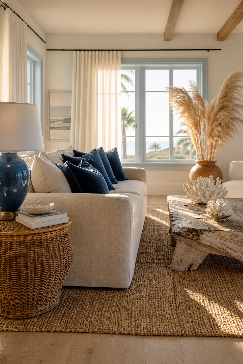 California Coastal living room with neutral linen sofa, bold blue accent cushions, rattan side table, woven jute rug, and driftwood coffee table in warm afternoon light