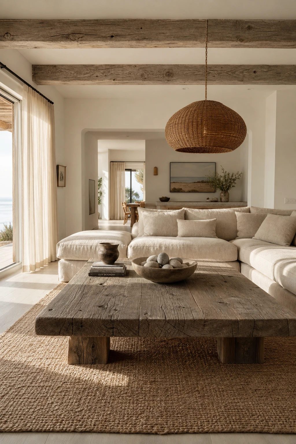 California Coastal living room with weathered wood beams and driftwood furniture, Farrow and Ball Hardwick White walls, natural linen and rattan accents in warm afternoon light
