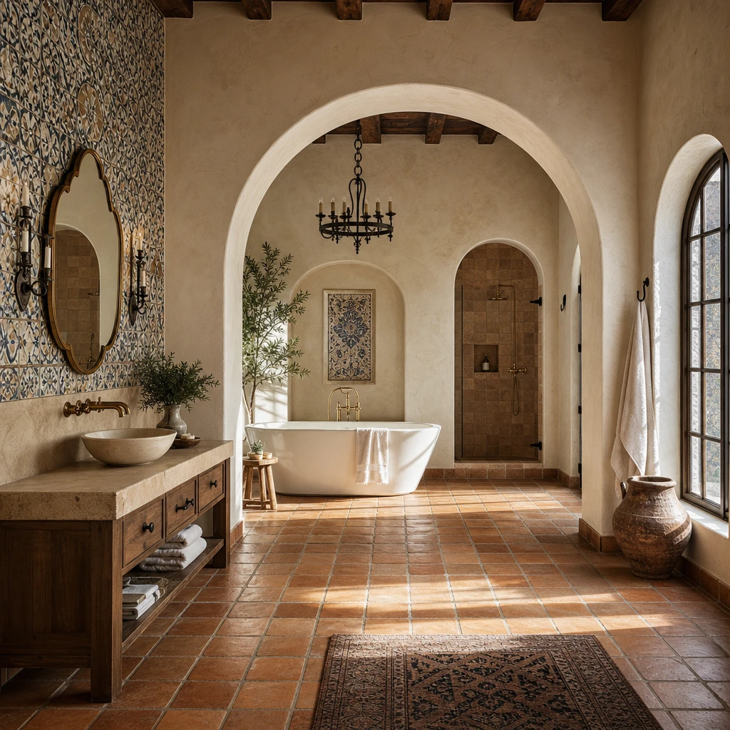 California Spanish bathroom with Saltillo tile floors, a stucco archway, limewash plaster walls, azulejo tile panel, freestanding tub, arched shower alcove, and brass fixtures in warm morning side light.