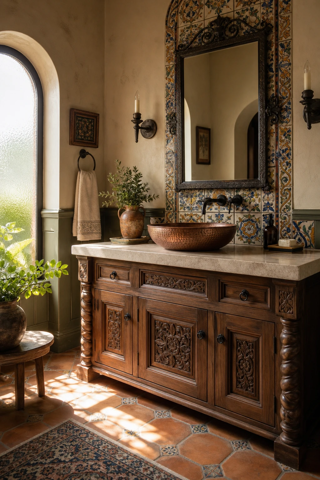 California Spanish bathroom with a carved wood vanity as hero, hand painted tile backsplash, wrought iron mirror, vessel sink, and warm afternoon light on Farrow and Ball Wainscot walls