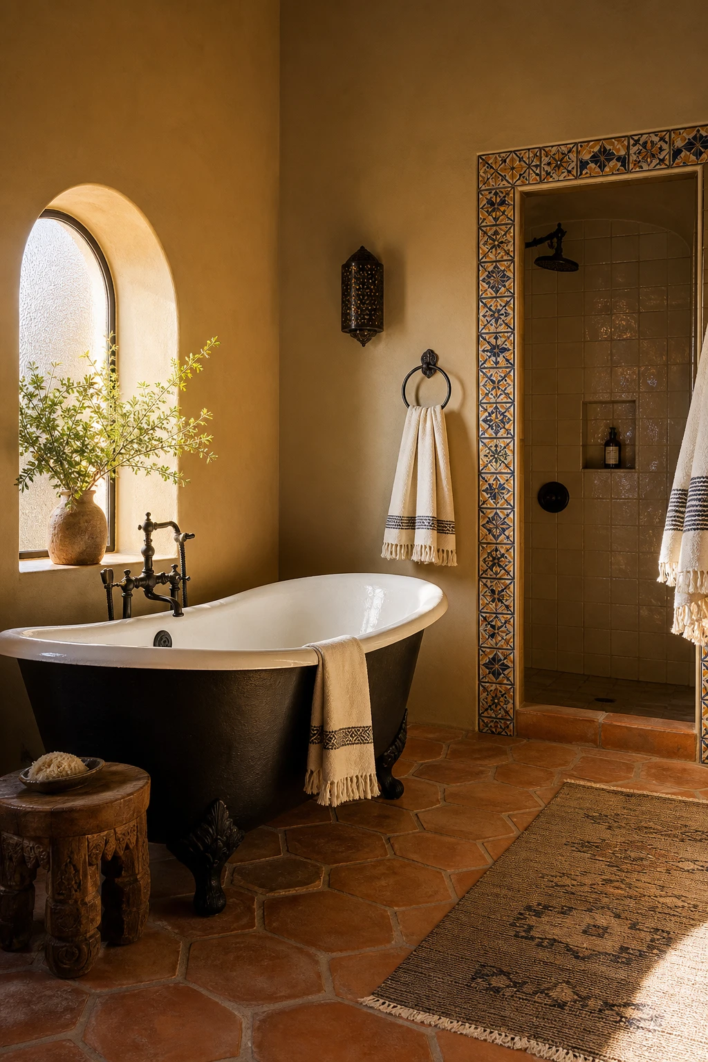 California Spanish bathroom with a freestanding separated bathtub as the hero, terracotta tile floor, arched niche, and warm plaster walls in Farrow and Ball Jitney paint
