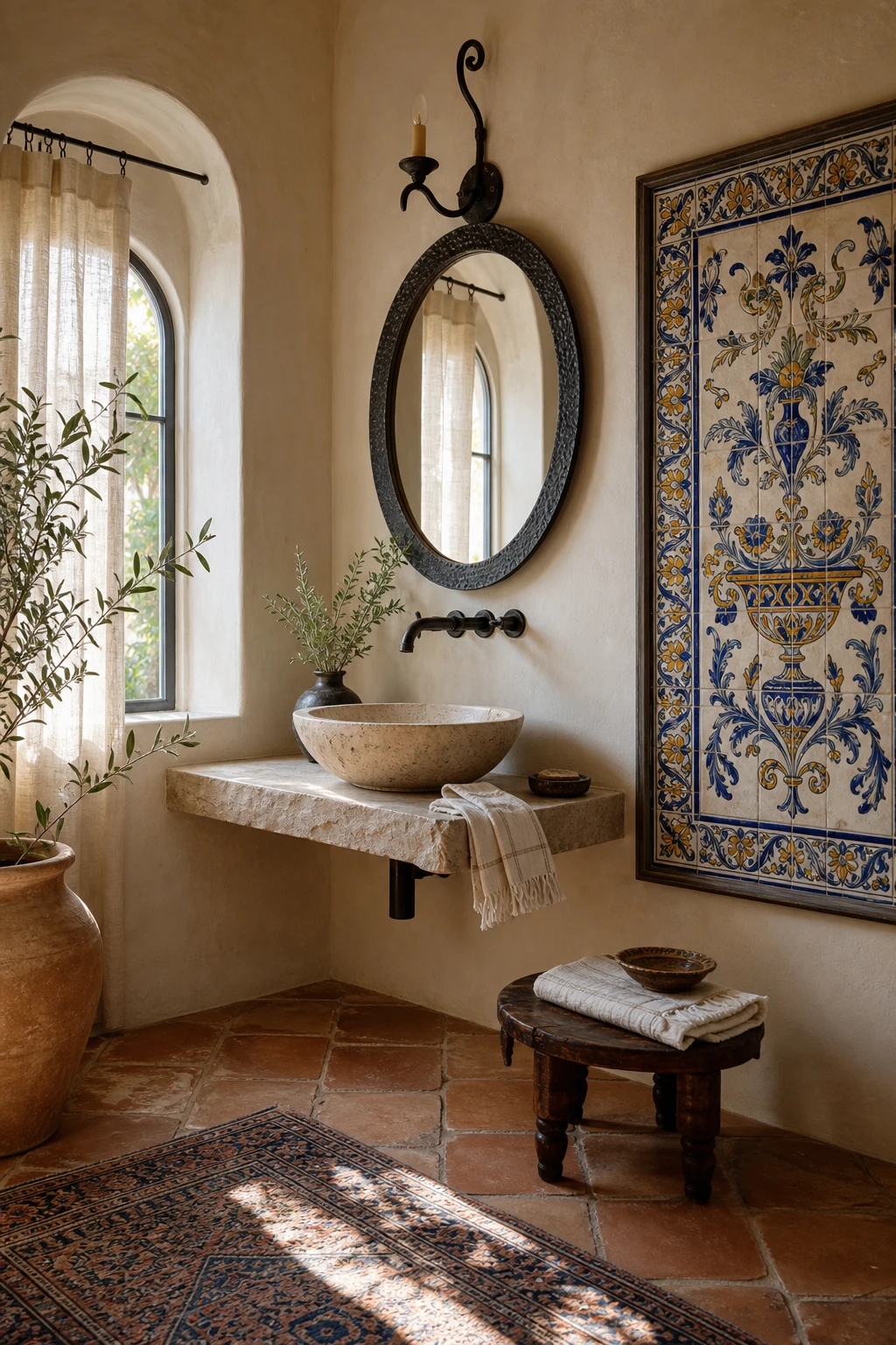 California Spanish bathroom with a hand painted azulejo tile panel as the focal wall, warm white plaster surround, terracotta floor, and wrought iron mirror