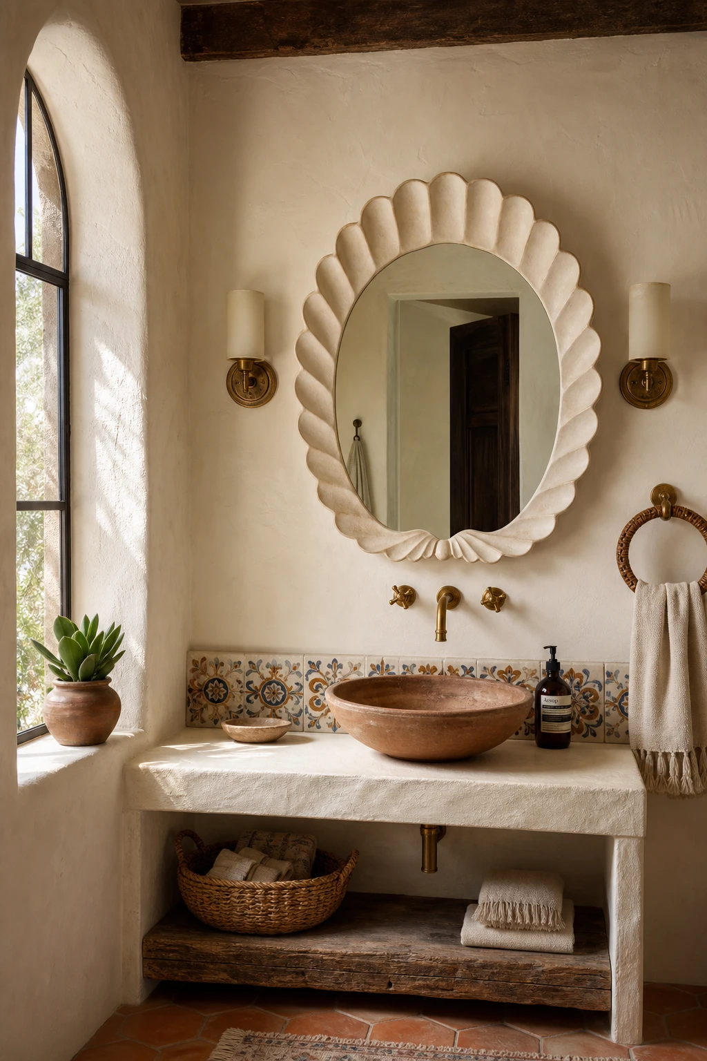 California Spanish bathroom with a scalloped mirror as the hero above a handpainted tile vanity, warm Dimity walls, terracotta floor, and arched window