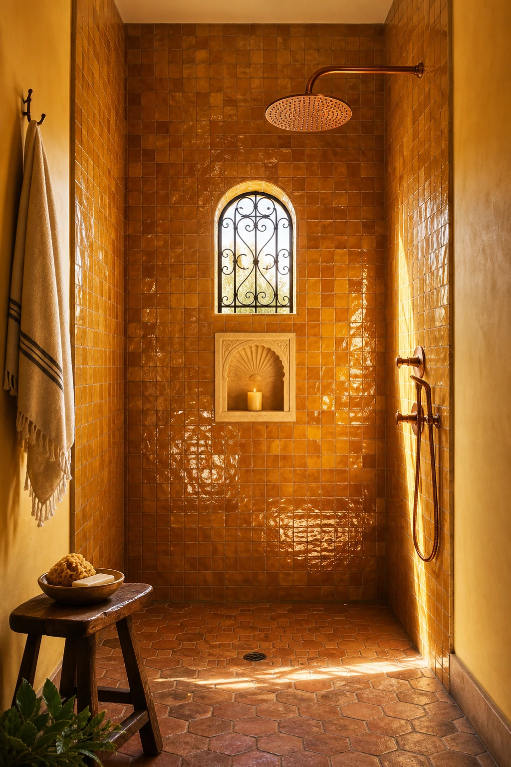 California Spanish bathroom with amber zellige tile as hero, hand hammered copper fixtures, arched mirror, terracotta floor, and Farrow and Ball India Yellow walls in warm afternoon light