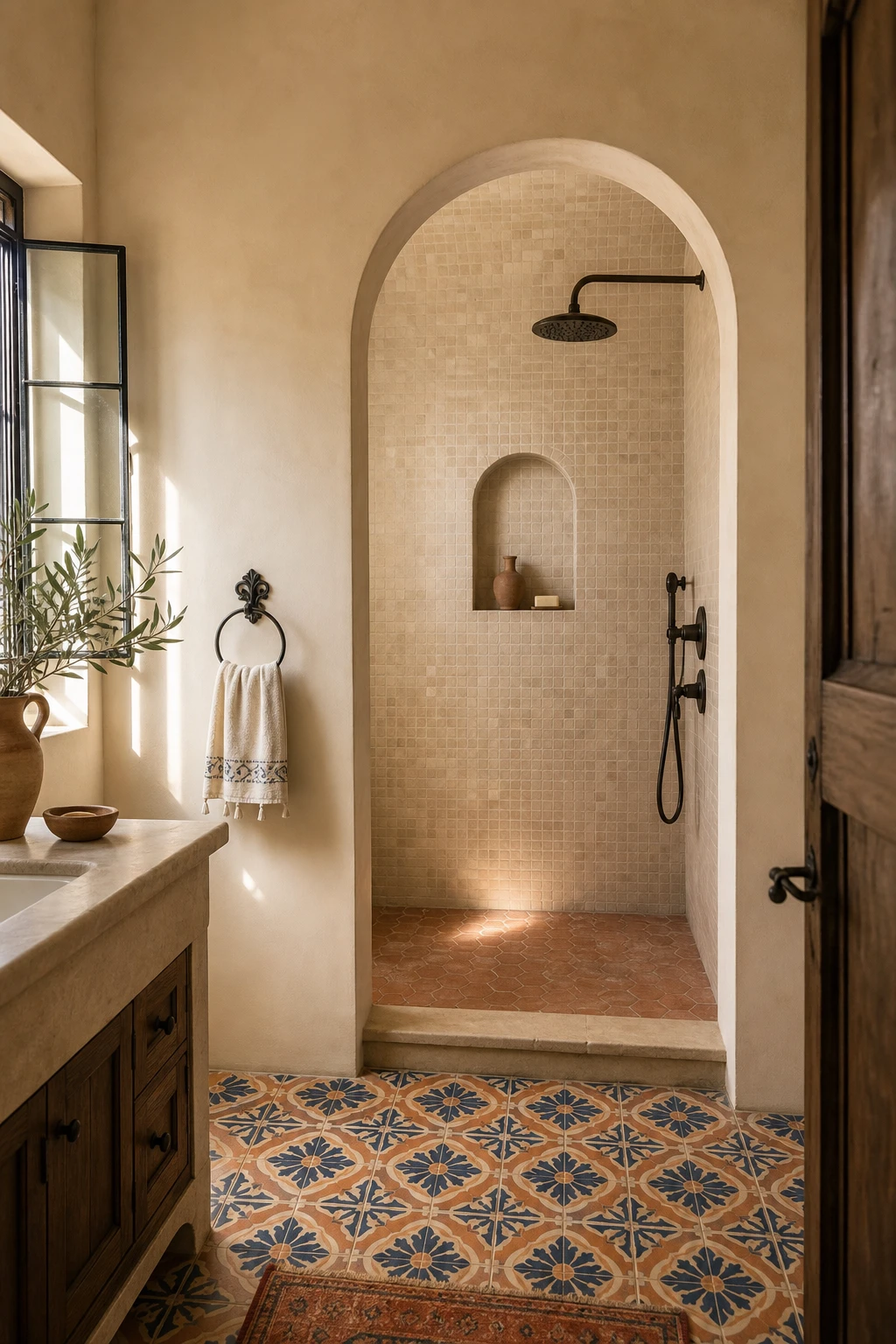 California Spanish bathroom with an arched shower opening in warm plaster walls, encaustic tile floor, wrought iron fixtures, and Farrow and Ball Skimming Stone painted walls