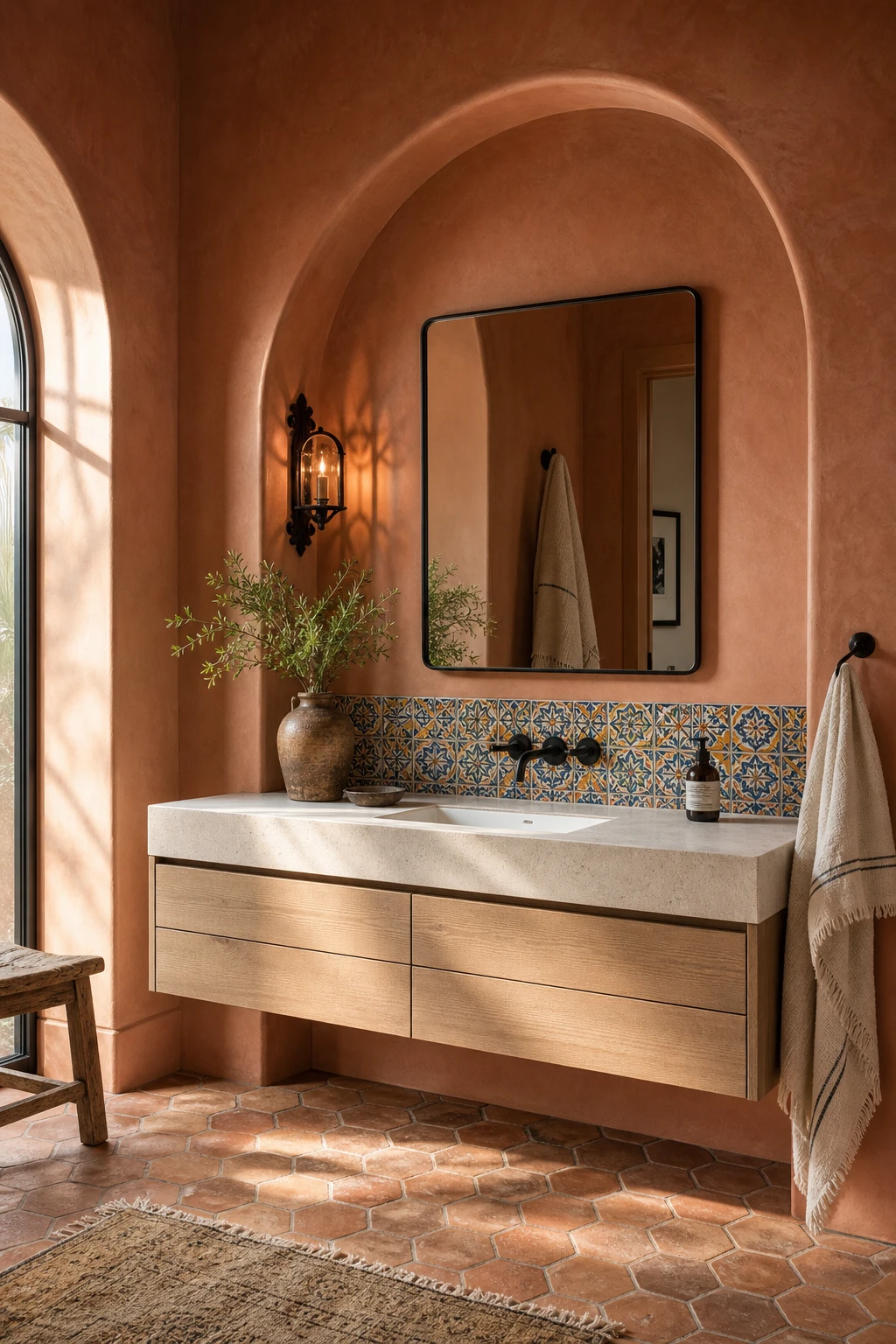California Spanish bathroom with arched niche, hand painted Talavera tiles, terracotta floor, iron sconce, and Farrow and Ball Faded Terracotta walls bathed in warm morning light