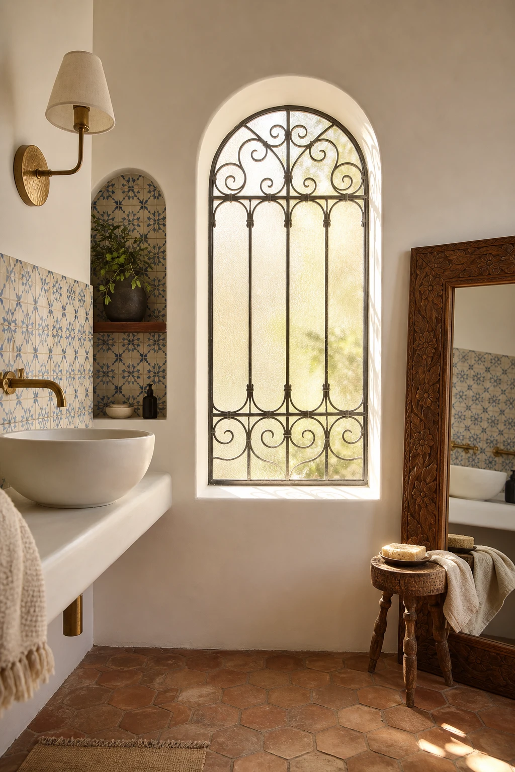 California Spanish bathroom with arched window as hero, handpainted zellige tiles, terracotta floor, wrought iron sconce, and Farrow and Ball Strong White walls in warm morning light