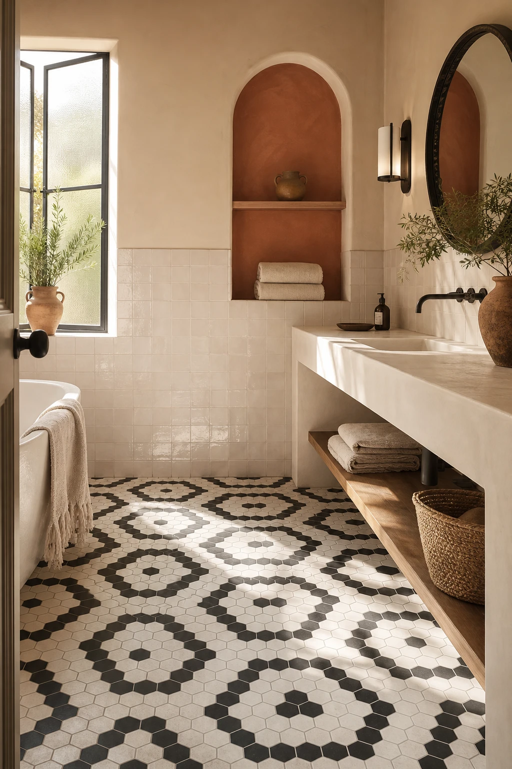 California Spanish bathroom with bold black and white hexagon floor tiles, arched niche, wrought iron mirror, and Farrow & Ball Cord warm neutral walls