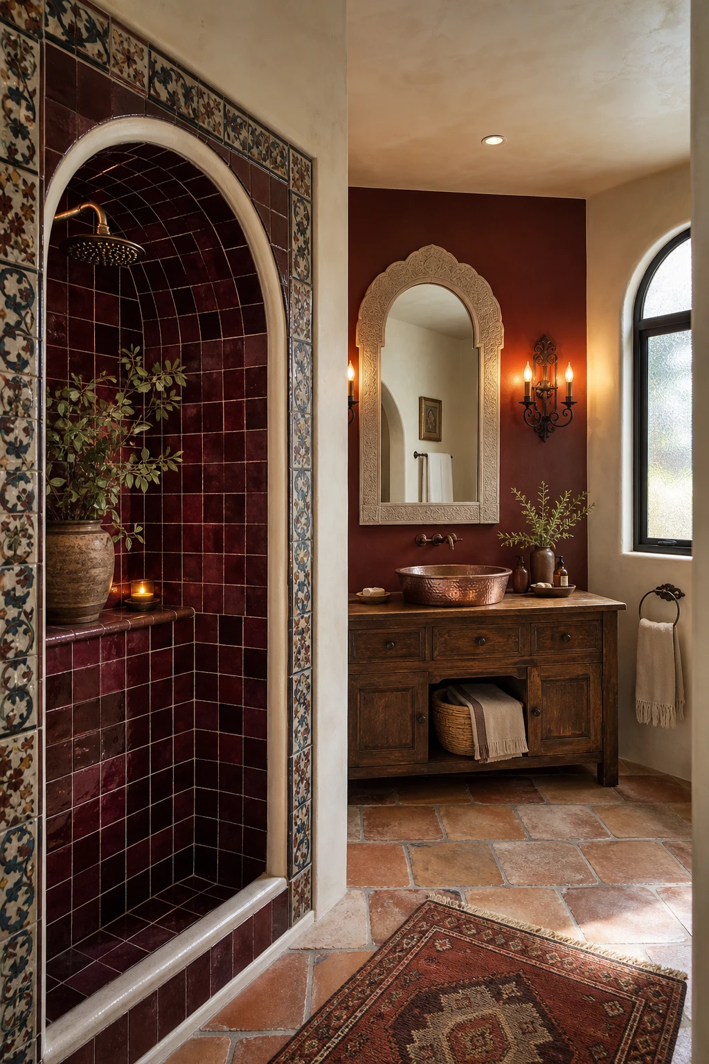 California Spanish bathroom with burgundy accent tile niche, arched mirror, terracotta floor, and Farrow and Ball Eating Room Red vanity wall bathed in warm morning light
