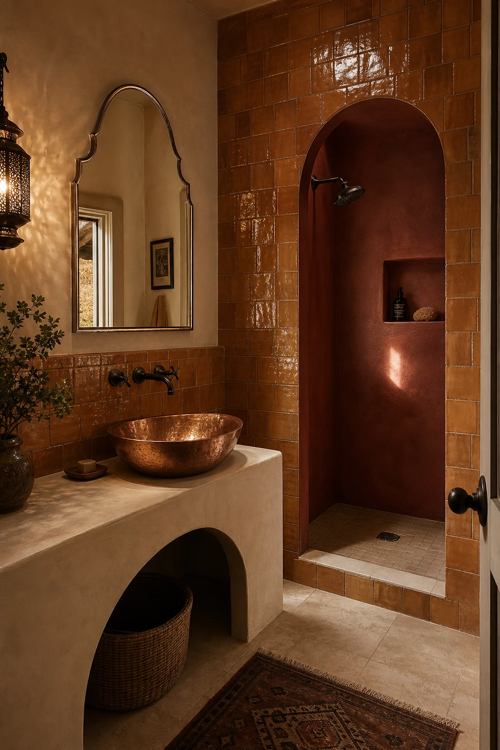 California Spanish bathroom with glazed terracotta tile walls catching warm light, arched mirror, wrought iron sconce, and Farrow and Ball Fox Red painted niche