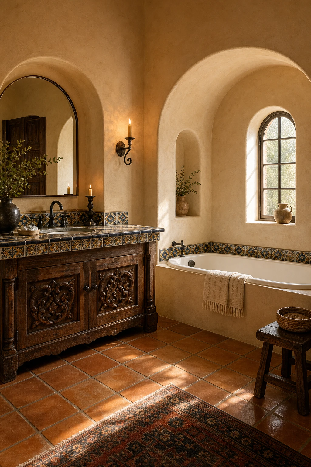 California Spanish bathroom with hacienda soul, terracotta floors, arched niches, carved wood vanity, wrought iron sconce, and Farrow Ball Ringwold Ground walls
