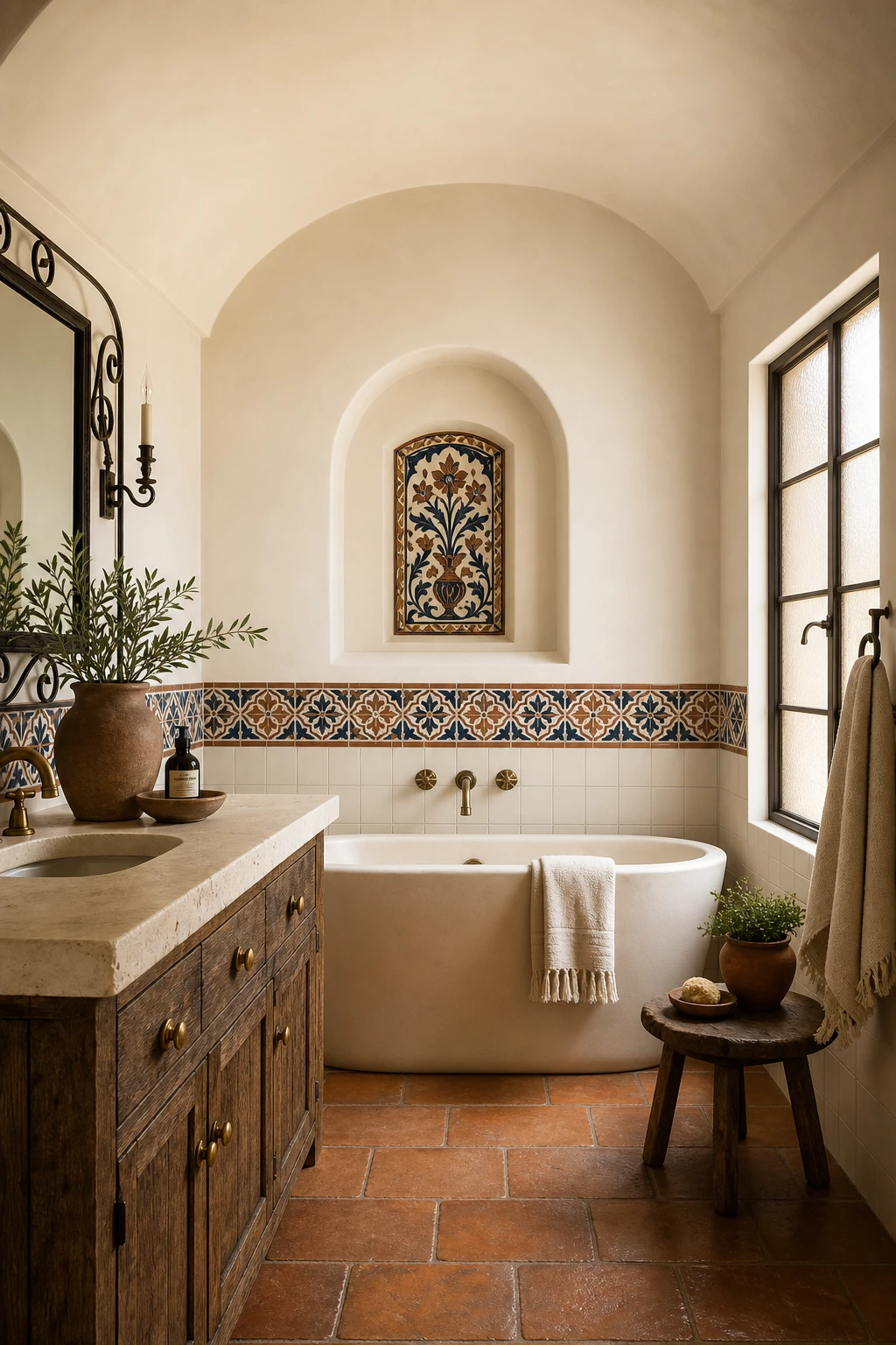 California Spanish bathroom with hand painted tile storytelling as hero, arched niche, terracotta floor, timber vanity, wrought iron mirror, warm white walls