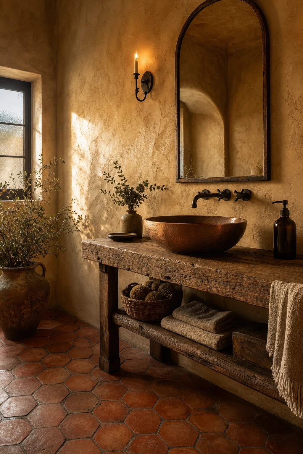 California Spanish bathroom with limewash glow walls in warm Tallow tones, terracotta floor tiles, arched mirror, vessel sink, and soft afternoon light