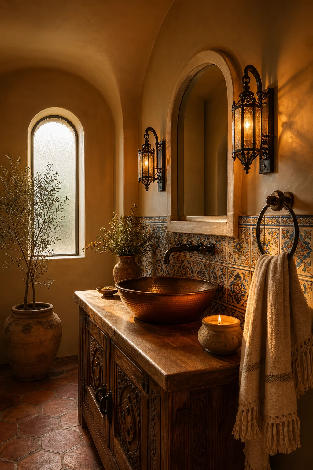 California Spanish bathroom with Mediterranean light, warm lantern sconces, terracotta tile, arched mirror, and Farrow & Ball Matchstick walls glowing at golden hour