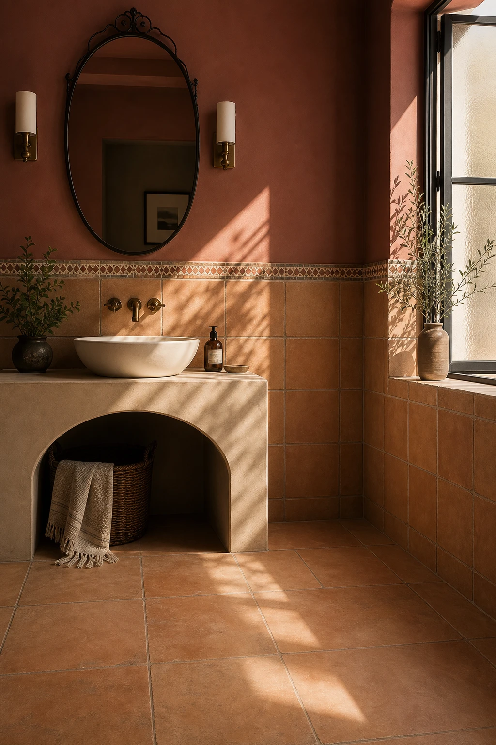 California Spanish bathroom with modern terracotta tiles as hero feature, arched niche, wrought iron mirror, Farrow and Ball Singed Red wall, warm afternoon light