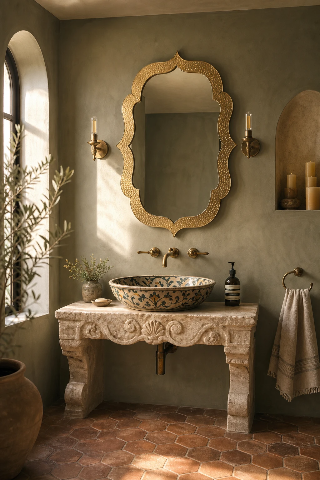 California Spanish bathroom with ornate brass mirror as focal point, terracotta tile floor, arched niche, and warm plaster walls painted Farrow and Ball Hay