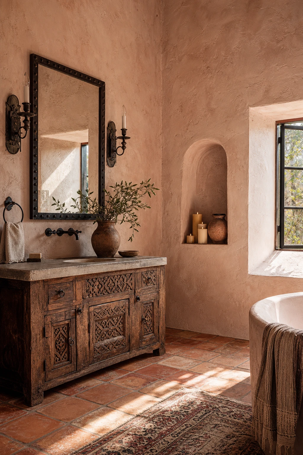 California Spanish bathroom with rustic plaster walls in Farrow and Ball Duster, handmade terracotta tiles, carved wood vanity, wrought iron mirror and arched niche