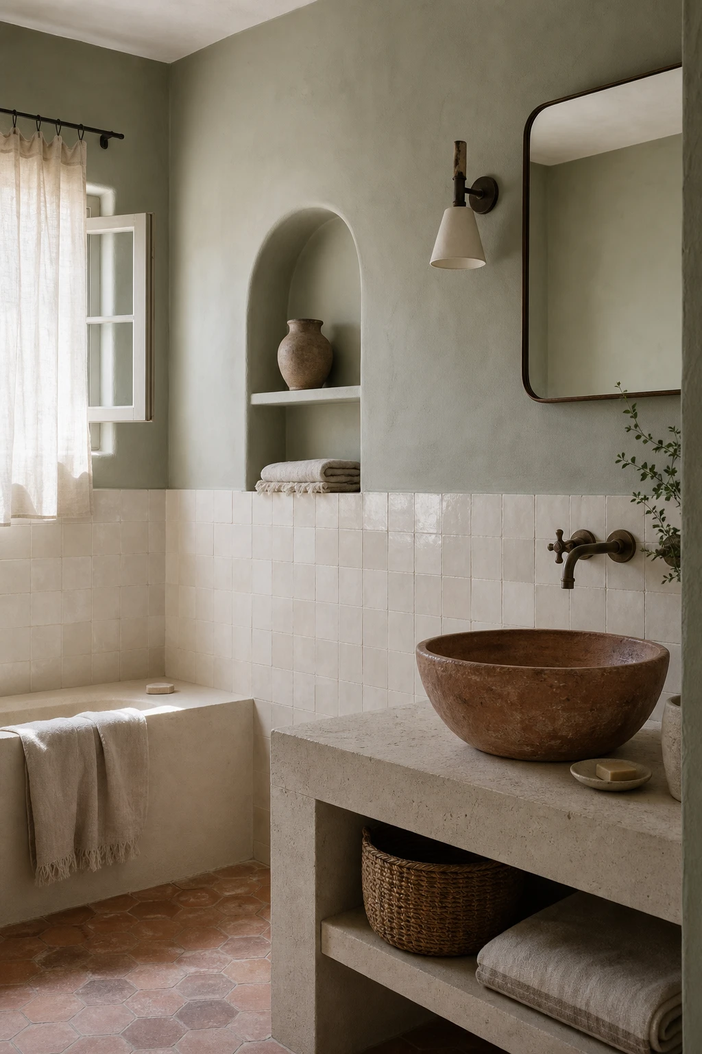 California Spanish bathroom with sage green and warm beige tones, hand painted zellige tiles, arched niche, terracotta floor, and Farrow and Ball Cromarty painted walls