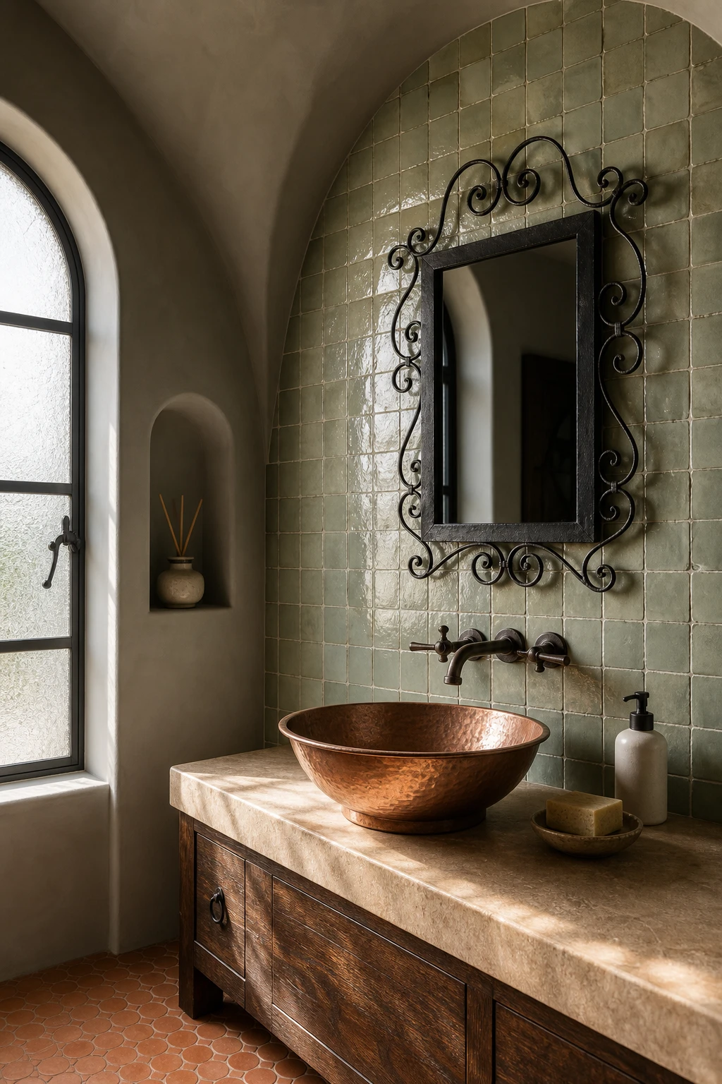 California Spanish bathroom with sage zellige tile backsplash, arched niche, terracotta floor, wrought iron mirror and Farrow and Ball Mizzle painted walls