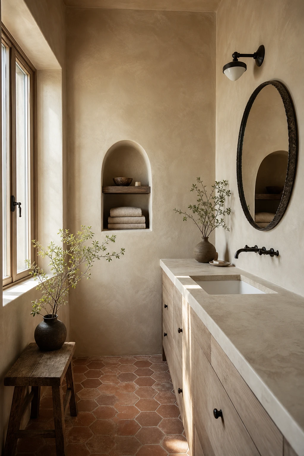 California Spanish bathroom with smooth warm plaster walls painted Farrow and Ball Pointing, arched niche, terracotta floor tiles, wrought iron mirror and linen towels