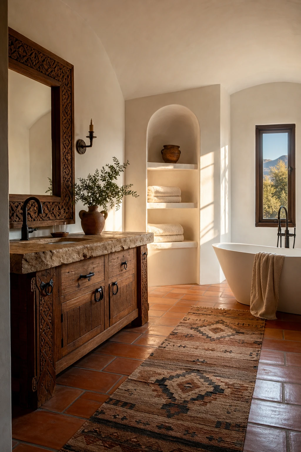 California Spanish bathroom with Southwestern edge featuring terracotta floor tiles, carved wooden vanity, woven textiles, arched niche, and warm desert light on cool white walls