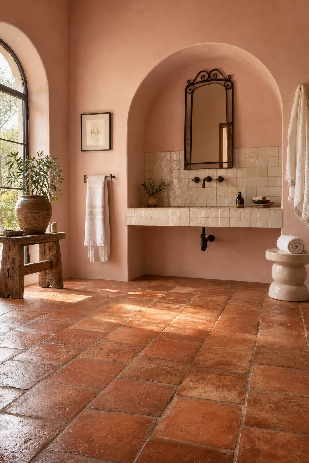 California Spanish bathroom with terracotta tile floor as hero, arched alcove, handmade zellige basin, wrought iron mirror and warm side lighting on Ointment Pink walls