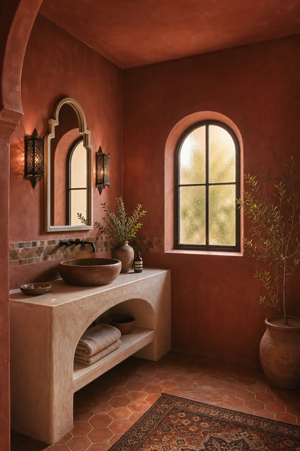California Spanish bathroom with terracotta walls painted in Farrow and Ball Book Room Red, zellige tile, arched mirror, wrought iron sconce and terracotta floor tiles