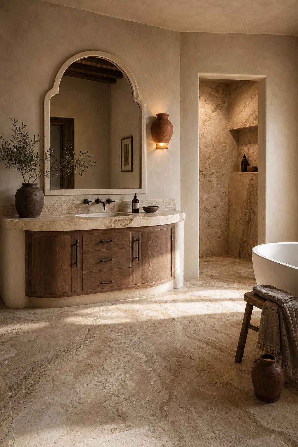 California Spanish bathroom with travertine stone floors and walls, arched niche, warm Oxford Stone painted vanity wall, terracotta accents and soft morning light