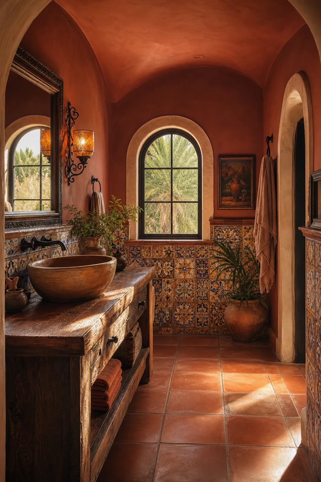 California Spanish Bathroom with warm Revival Palette of terracotta tiles, arched plaster walls painted Red Earth, hand painted zellige, iron sconces and a clay vessel sink