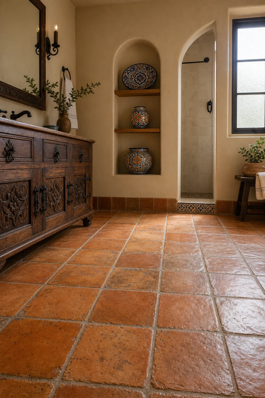 California Spanish bathroom with warm Saltillo tile floors, arched niche, hand painted ceramic accents, and Farrow and Ball Naperon walls in soft morning light