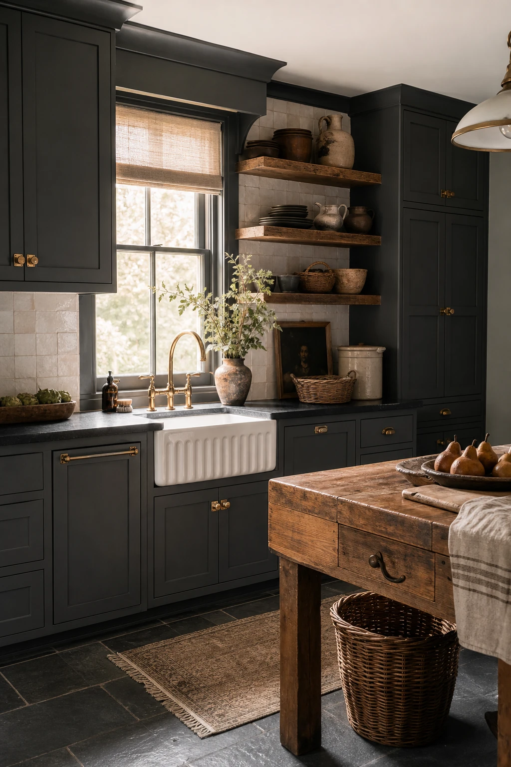 Charcoal gray farmhouse kitchen with shaker cabinets painted Lamp Room Gray, apron sink, open shelving, and warm pendant lighting over a butcher block island