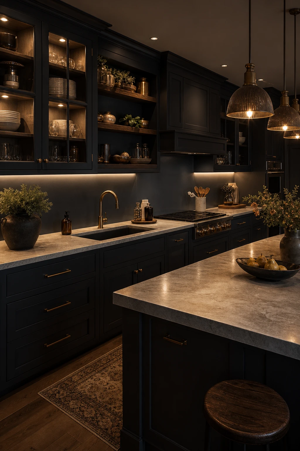 Charcoal gray kitchen at night with cabinet lighting glowing beneath upper cabinets and inside glass fronted uppers, Farrow and Ball Plummett walls