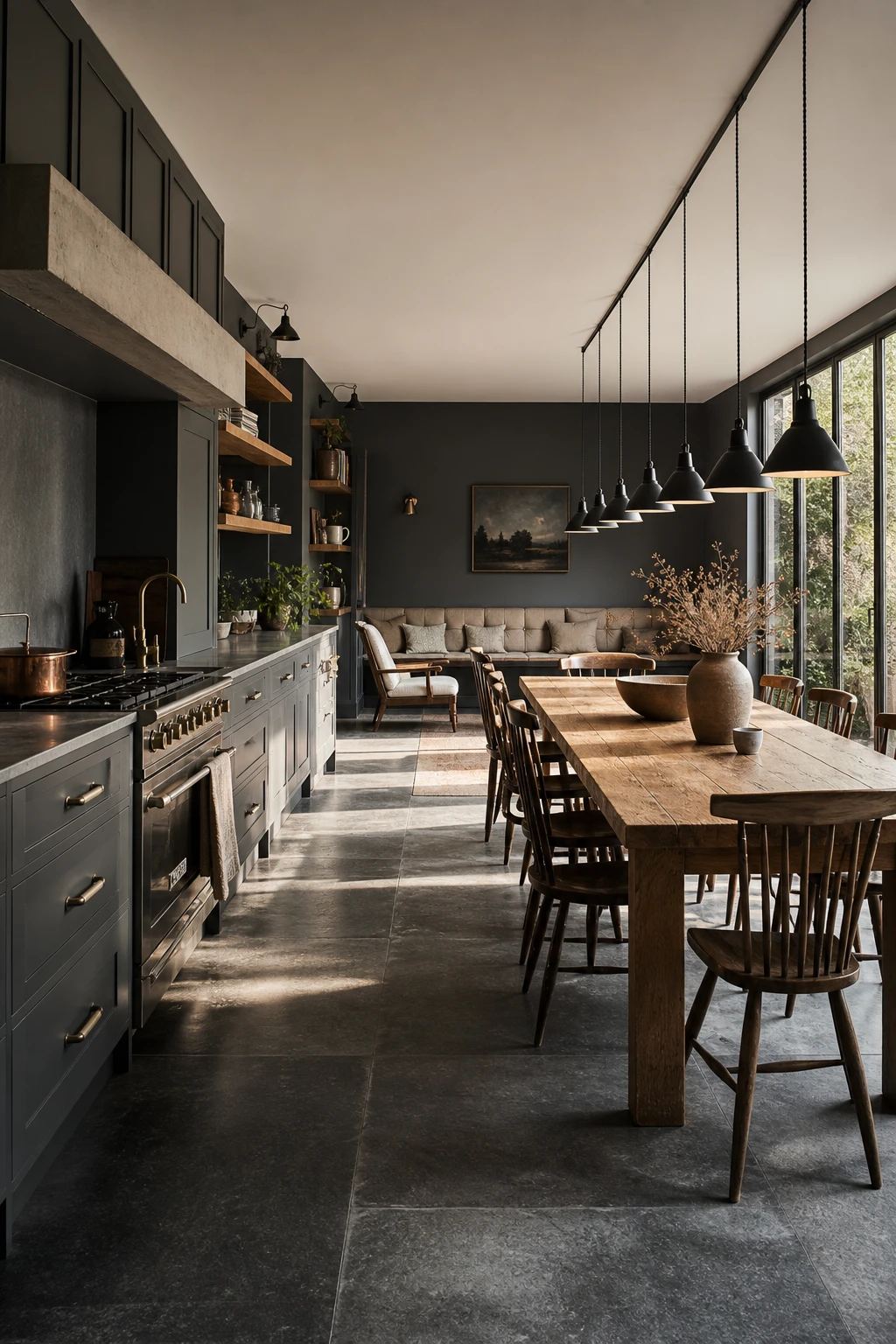 Charcoal gray kitchen diner with Manor House Gray cabinetry flowing into a dining zone, dark pendant lights, oak table, and warm natural light
