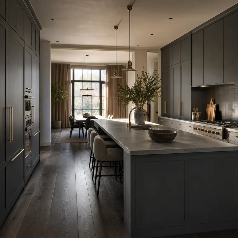 Charcoal gray kitchen with floor to ceiling matte cabinets, a wide dark island with honed concrete countertop, brushed brass hardware, and dark oak floors in warm late afternoon light.