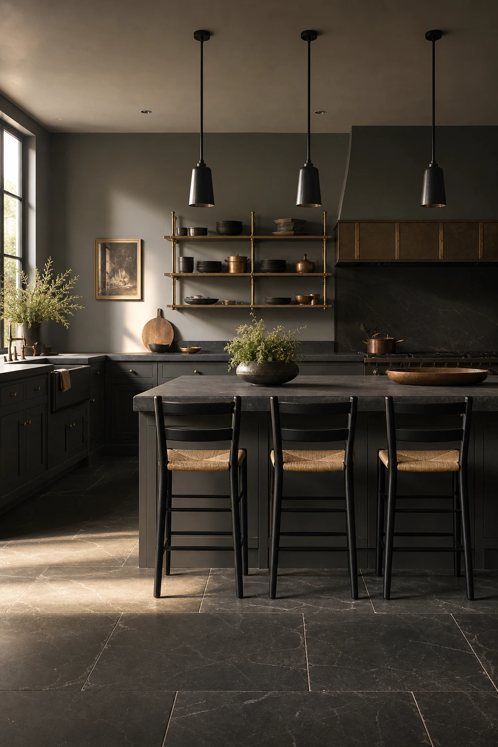 Charcoal gray kitchen island with black counter stools with backs, matte stone countertops, open shelving, and Farrow and Ball Pavilion Gray cabinetry in warm afternoon light