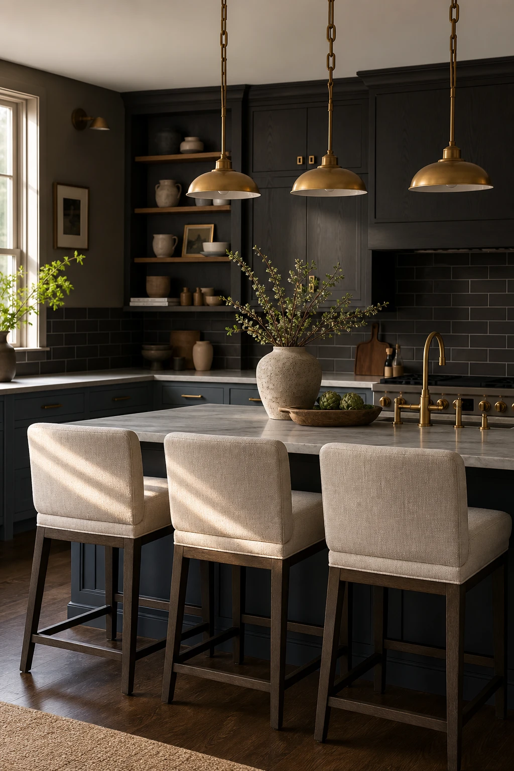 Charcoal gray kitchen island with upholstered bar stools in warm fabric, Farrow and Ball Pigeon painted cabinetry, pendant lights overhead