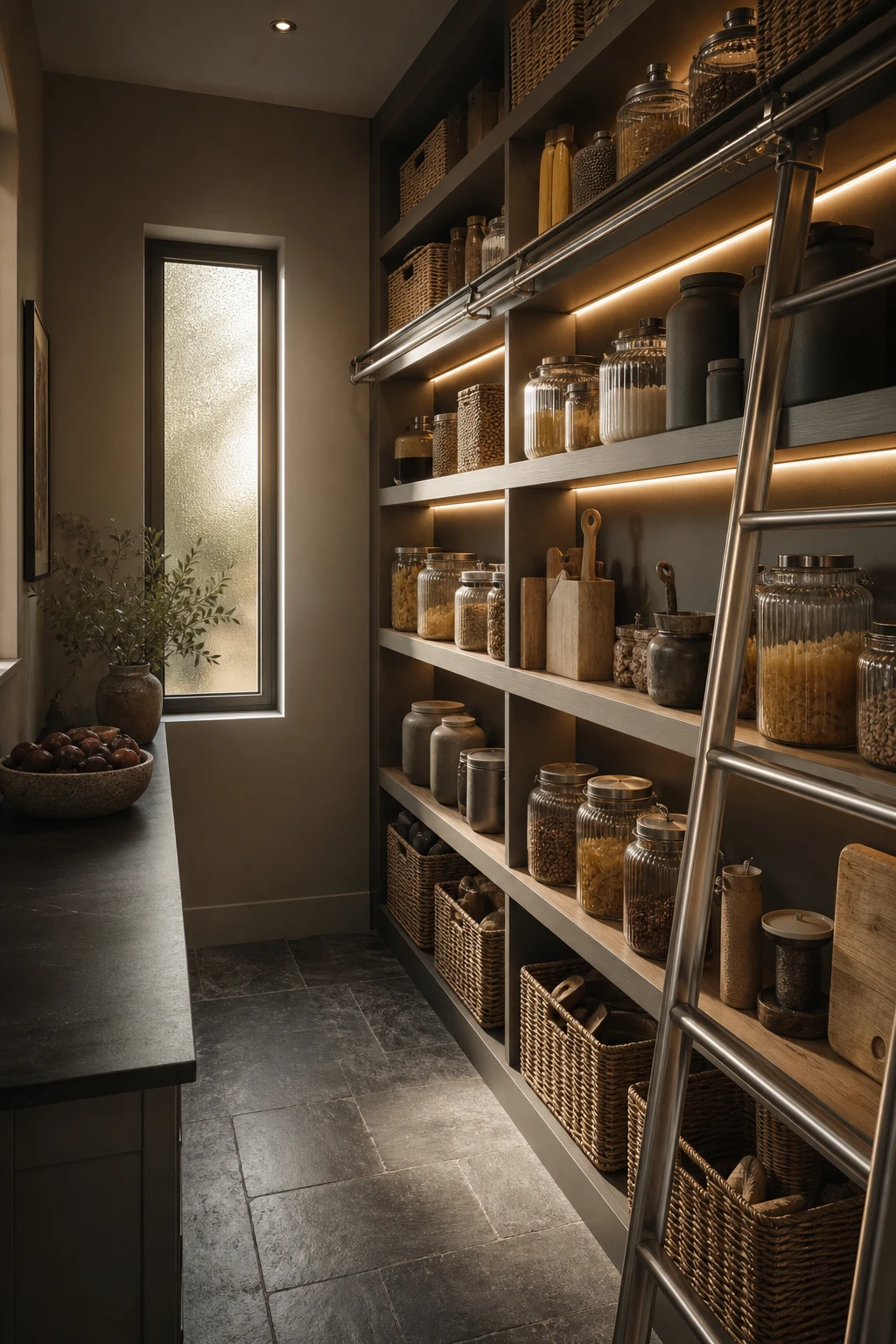 Charcoal gray kitchen pantry with LED strip lighting illuminating open shelves stacked with neatly organised jars, baskets and cookware against Purbeck Stone painted walls