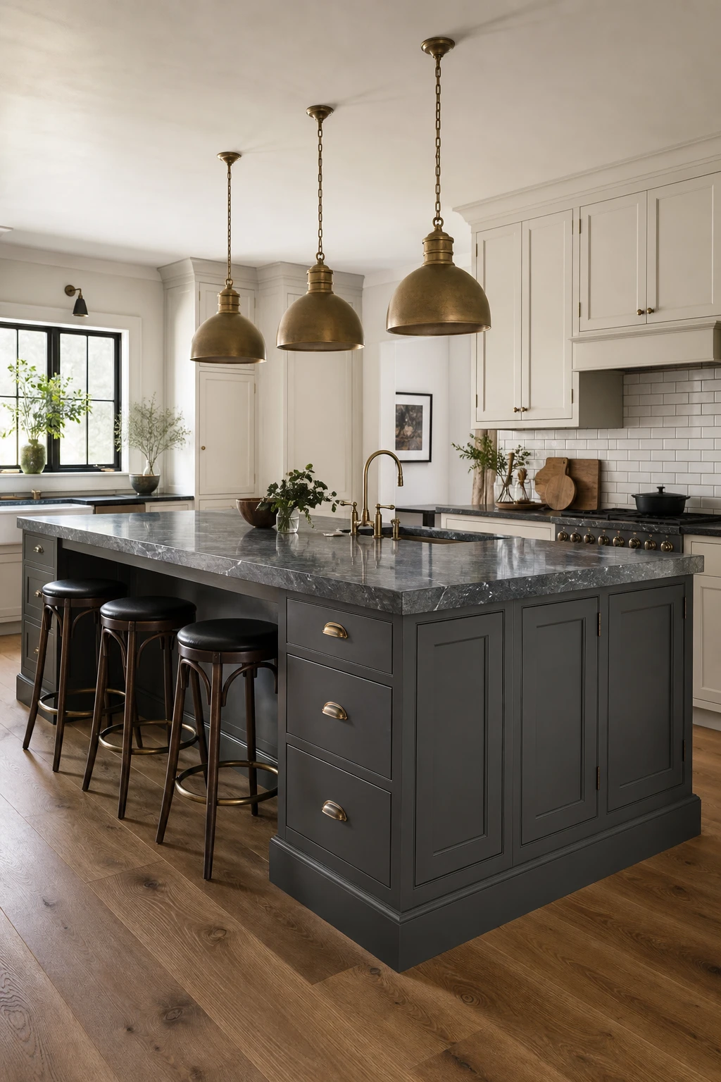Charcoal gray kitchen with a dark grey island as the focal point, pale perimeter cabinets, marble countertops, pendant lights, and warm wood floor