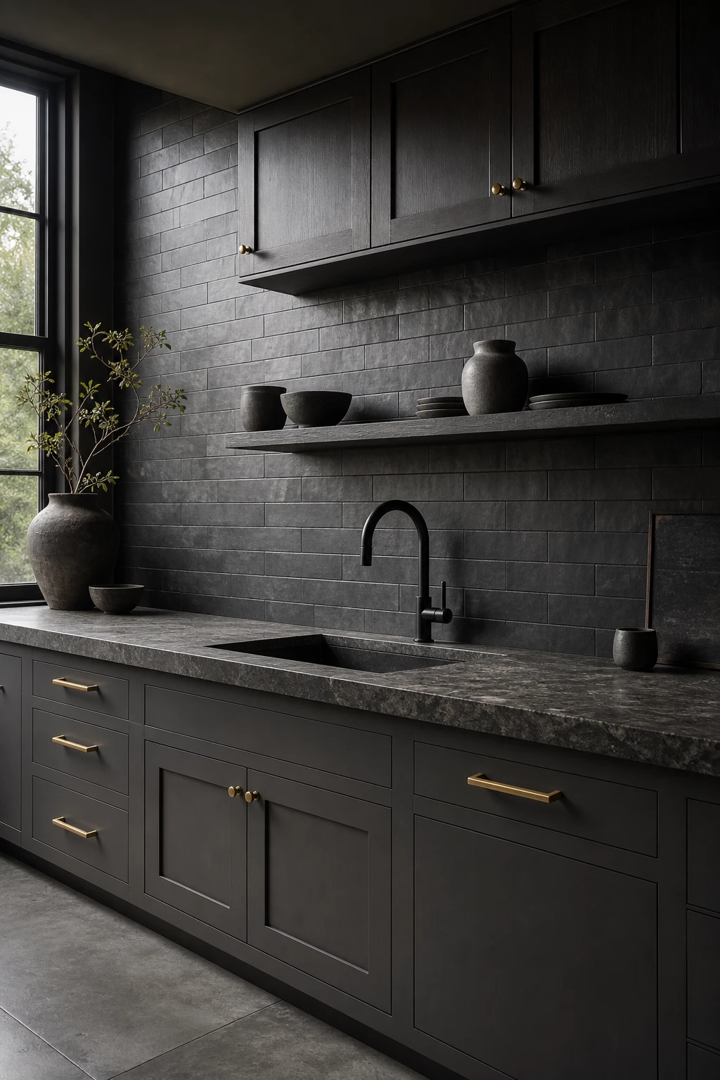 Charcoal gray kitchen with a textured charcoal backsplash as the hero, dark cabinets, stone countertops, and brass hardware under warm morning light