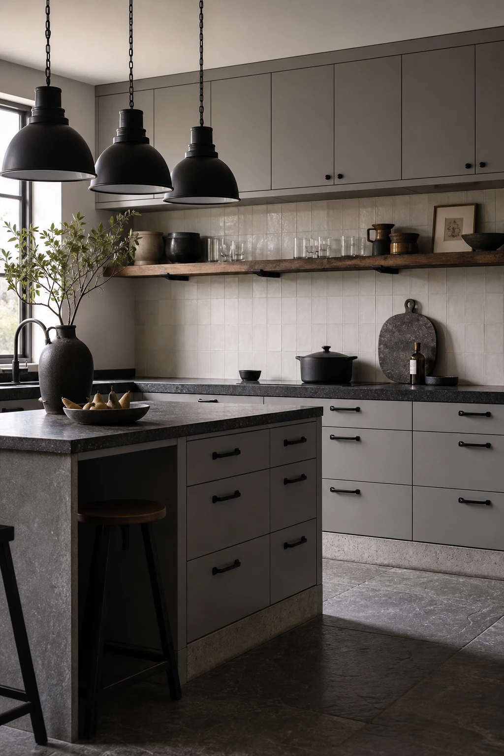 Charcoal gray kitchen with black cabinet hardware as hero, paired with stone countertops, open shelving, and warm pendant lighting in afternoon light