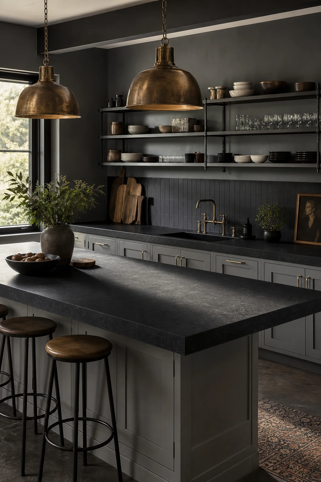Charcoal gray kitchen with black countertop hero, grey cabinets painted Farrow & Ball Pigeon, undermount sink, open shelving, and pendant lights in warm afternoon light