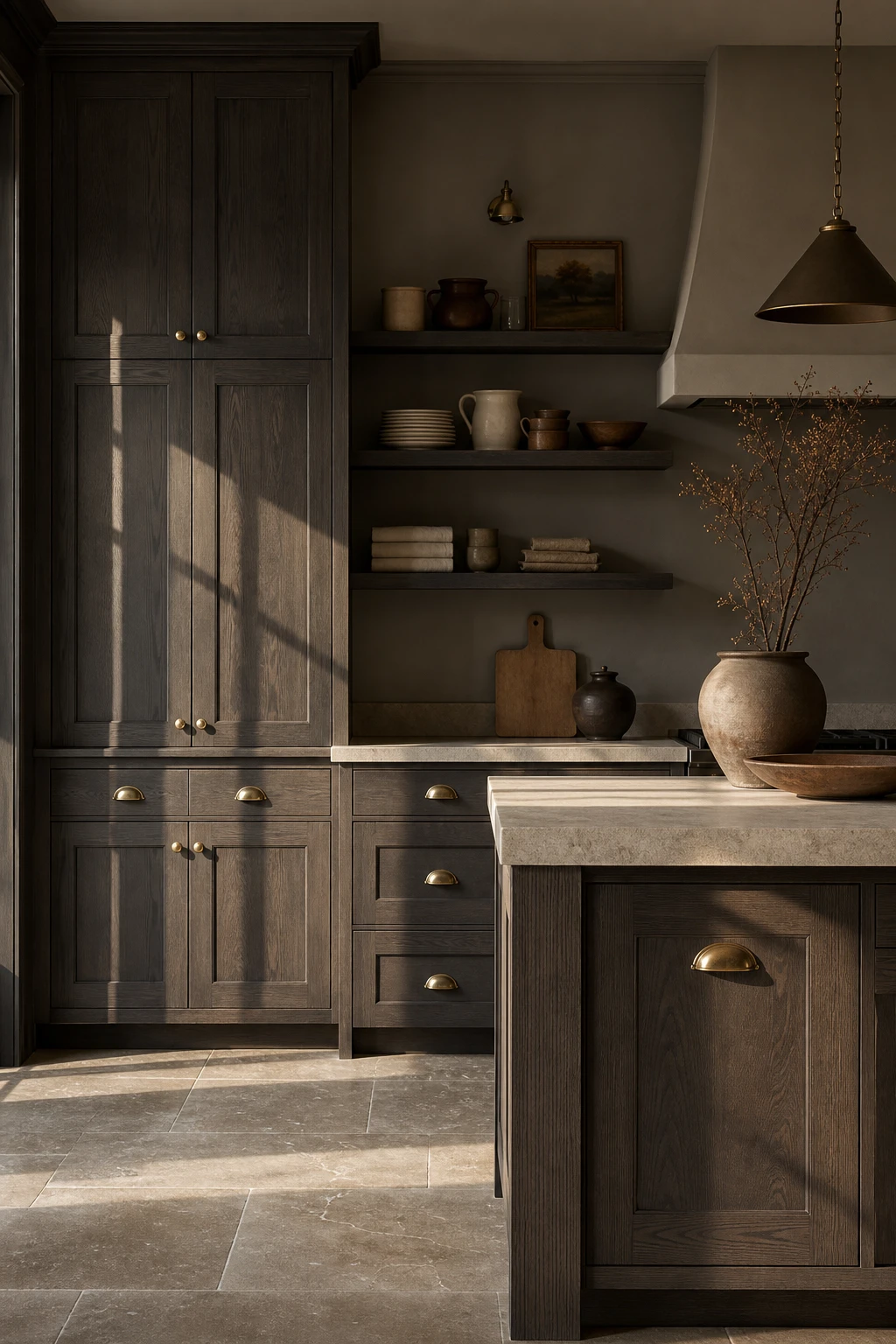 Charcoal gray kitchen with charcoal oak cabinets showing visible wood grain, warm brass hardware, stone countertops, and Farrow & Ball Worsted painted walls